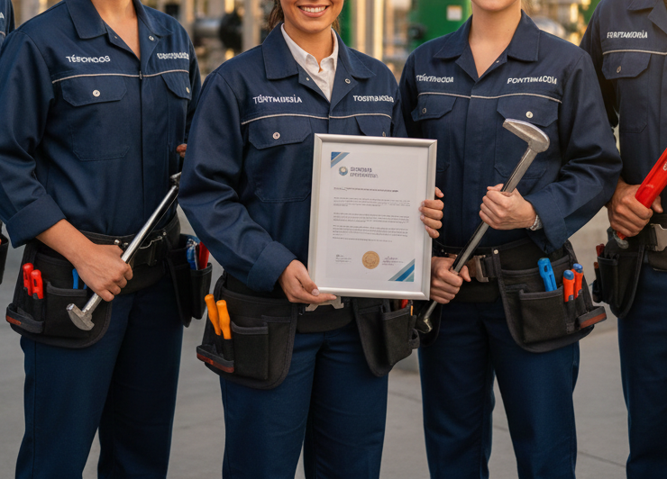 Equipo de fontaneros uniformados sosteniendo un certificado oficial y herramientas de trabajo.