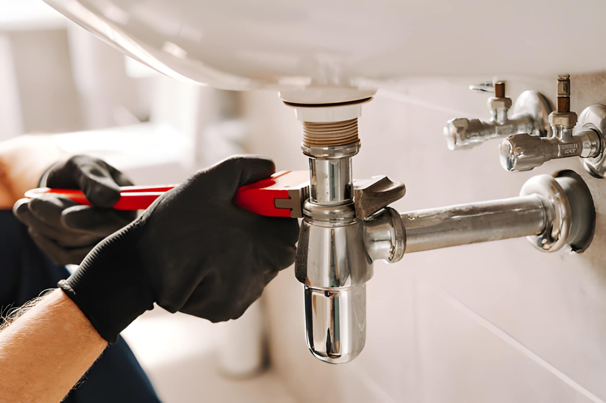 Manos con guantes negros ajustando el sifón de un lavabo con una llave grifa roja.
