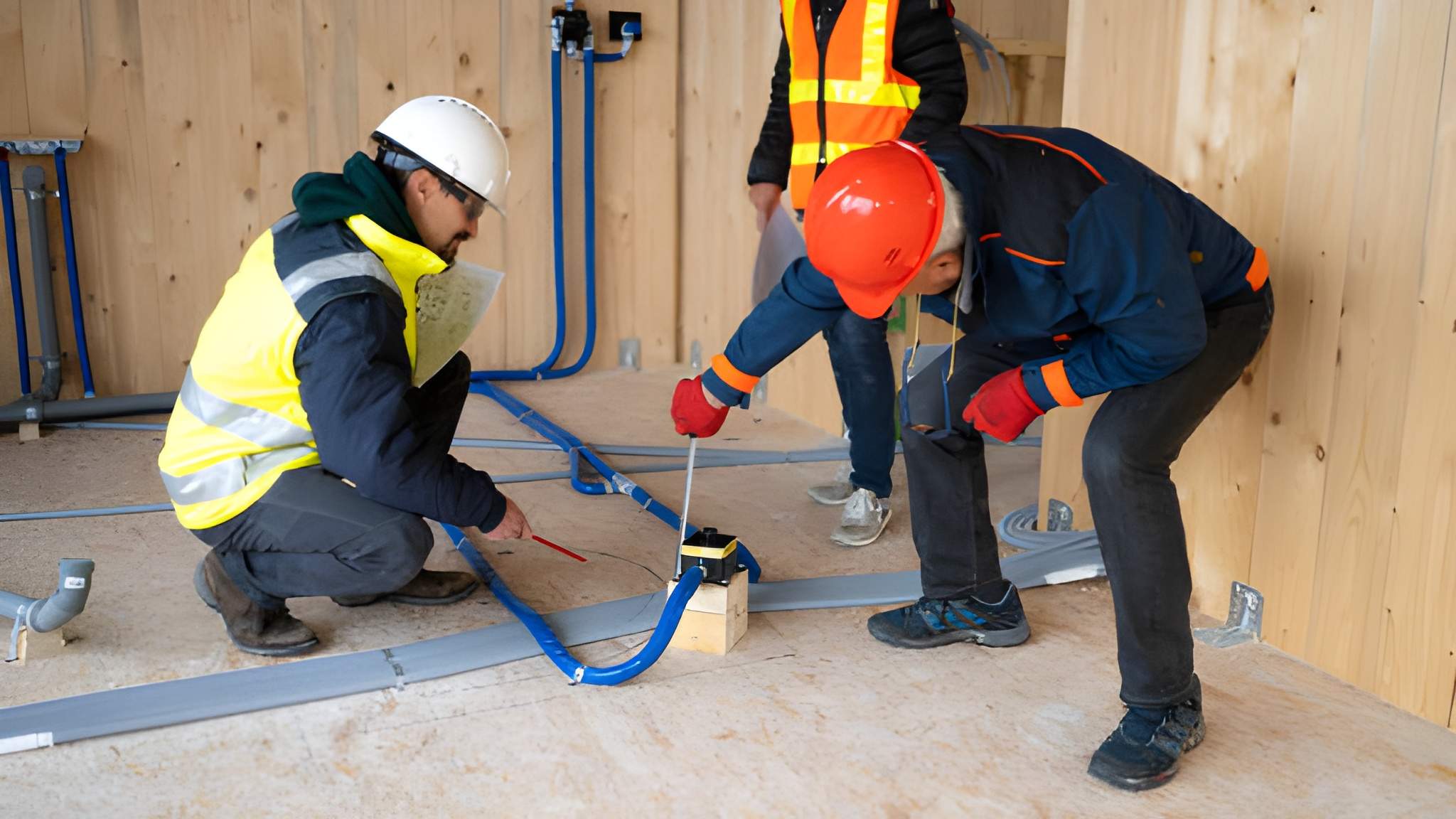 Operarios de fontanería con cascos y chalecos reflectantes instalando un sistema de tuberías de agua en el suelo de una obra.