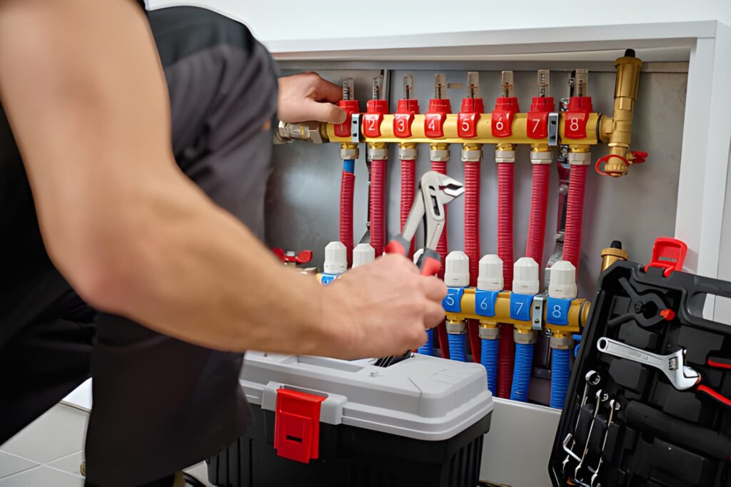 Técnico instalando un colector de calefacción por suelo radiante con tuberías rojas y azules.