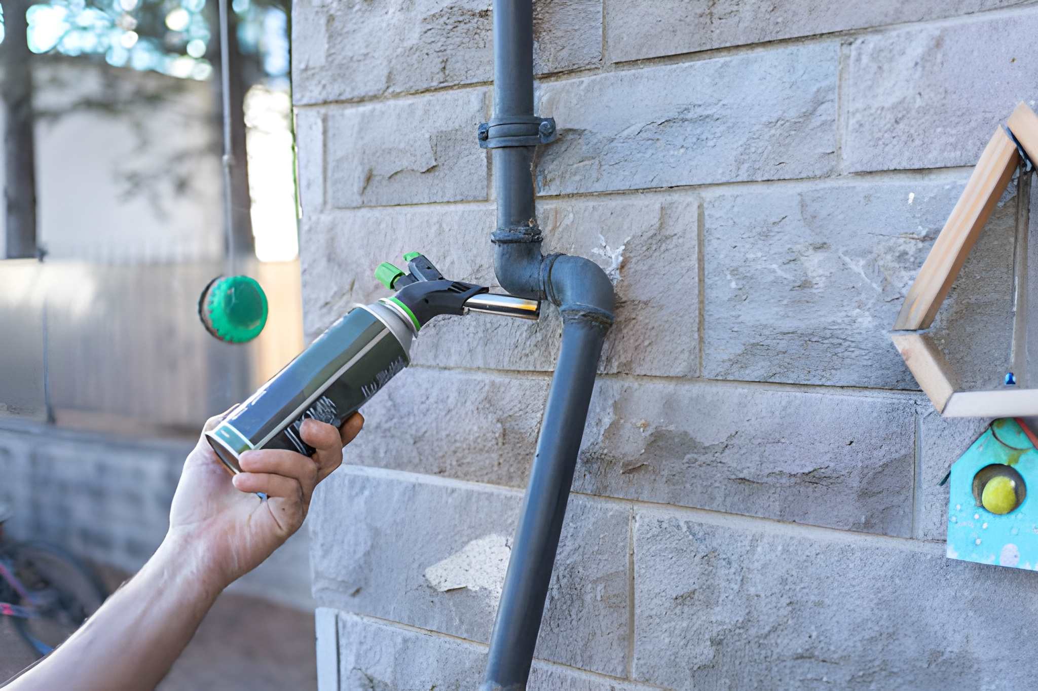 Mano aplicando calor con soplete a una unión de tubería exterior en una pared.